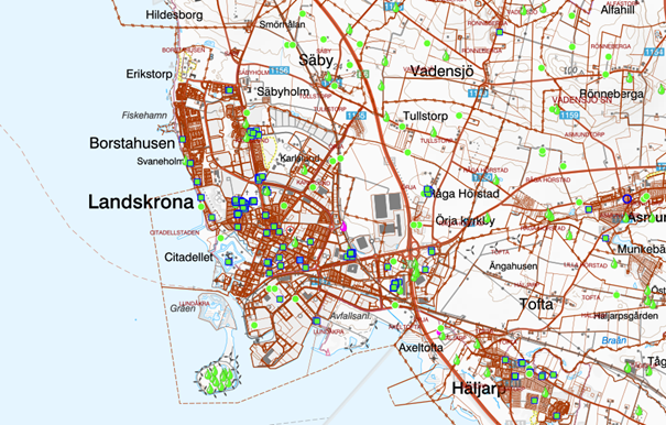 Grafisk karta över Landskrona Stad med brunnsarkiv