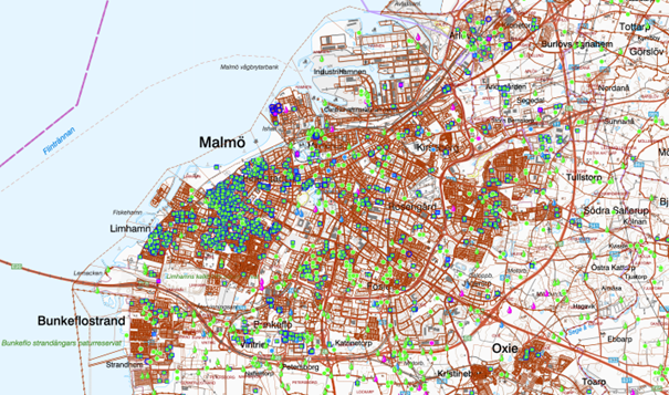 Grafisk karta över Malmö Stad med brunnsarkiv