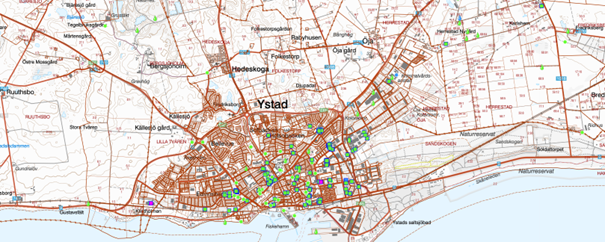 Grafisk karta över Ystad Stad med brunnsarkiv